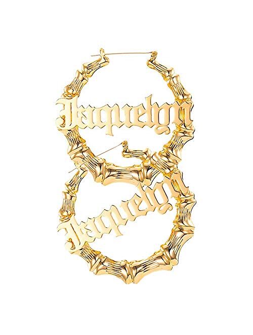 DHQH Custom Name Earrings Personalized Bamboo Hoop Earrings 18K Gold Plated Customize Earrings for Women Girls Hip-Hop Fashion Jewelry Gift