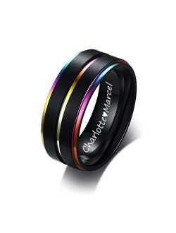 XUANPAI 8mm Custom Engraved Stainless Steel Two-Tone Rainbow Inlay Edge Dome Brushed Promise Couples Rings