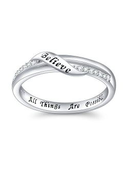 Inspirational Jewelry Sterling Silver Engraved Believe All Things are Possible Band Ring for Women Girlfriend, Size 5-10