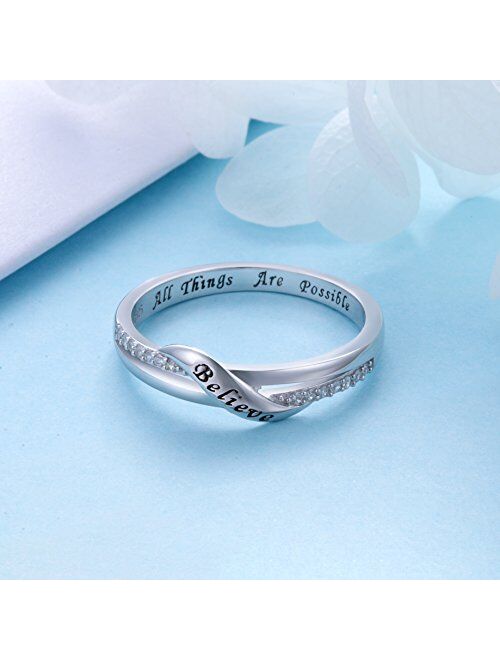 Inspirational Jewelry Sterling Silver Engraved Believe All Things are Possible Band Ring for Women Girlfriend, Size 5-10