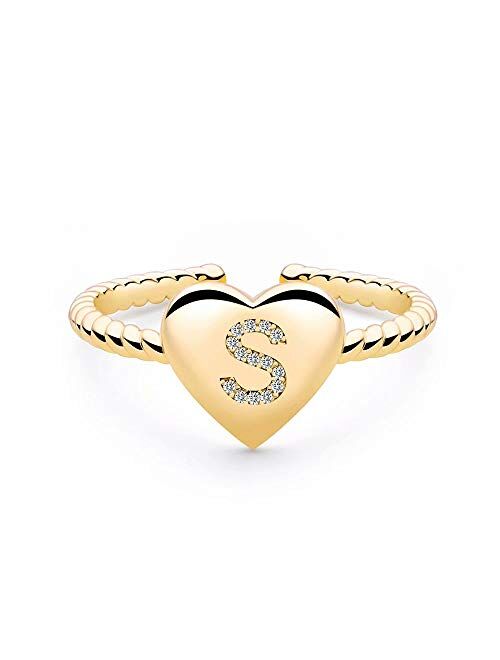 M MOOHAM Stackable Initial Rings for Women Girls, Gold Plated Dainty Heart Capital Letter Initial Rings for Women Teens Girls, Stackable Rings for Girls Engraved Alphabet