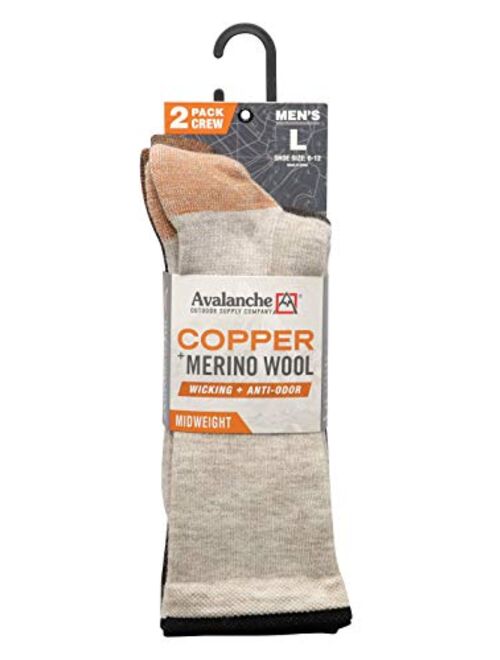 Avalanche Men's Odor Resistant Copper Wool Blend Crew Socks With Arch Support 2-Pack