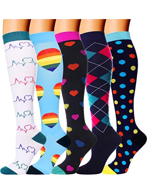 5 Pairs Compression Socks for Women Men 20-30mmhg Knee High Stocking for Sports