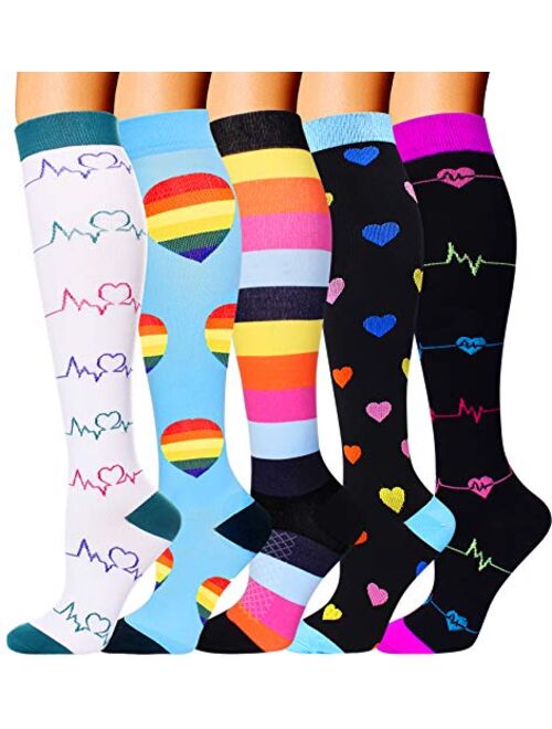 5 Pairs Compression Socks for Women Men 20-30mmhg Knee High Stocking for Sports