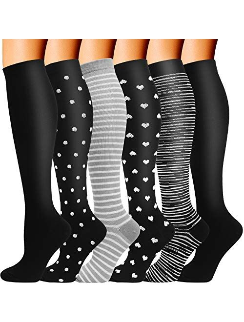 6 Pairs Compression Socks for Men and Women 20-30 mmHg Nursing Athletic Travel Flight Socks Shin Splints Knee High