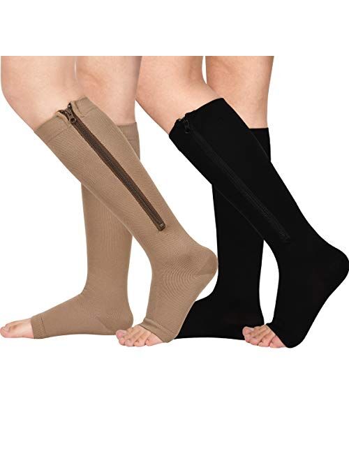 2 Pair Zipper Compression Socks for Women Men Open Toe Compression Socks Easy on