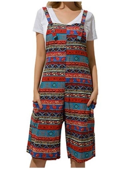 Flygo Womens Baggy Boho Print Jumpsuits Loose Overall Linen Wide Leg Pants