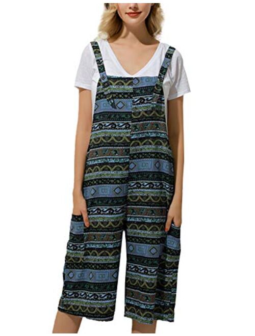 Flygo Womens Baggy Boho Print Jumpsuits Loose Overall Linen Wide Leg Pants