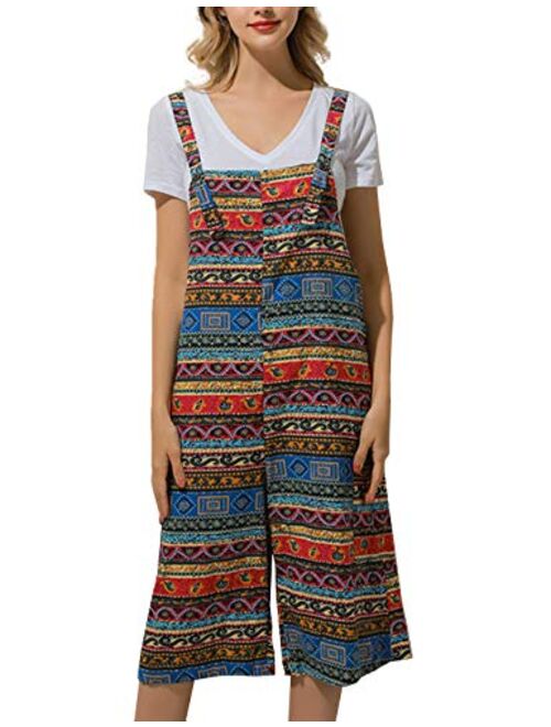 Flygo Womens Baggy Boho Print Jumpsuits Loose Overall Linen Wide Leg Pants