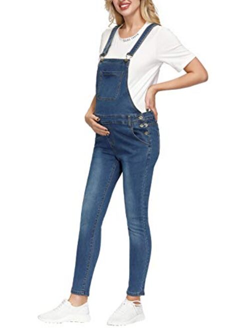 Womens Maternity Skinny Denim Overalls Bib with Multi-Pockets