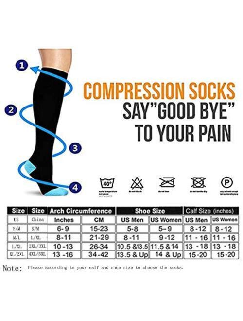 6 Pairs Compression Socks Pack - Best Medical, Nursing, Travel & Flight Socks - Running & Fitness - 15-20mmHg