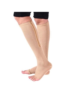 2PC Zipper Medical Compression Socks with Open Toe - Best Support Zip Stocking for Varicose Veins, Swollen or Sore Legs