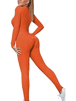 Comulish Women Sexy Butt Button Back Flap Jumpsuit Pajamas V Neck Long Sleeve One Piece Bodycon Rompers Onesies