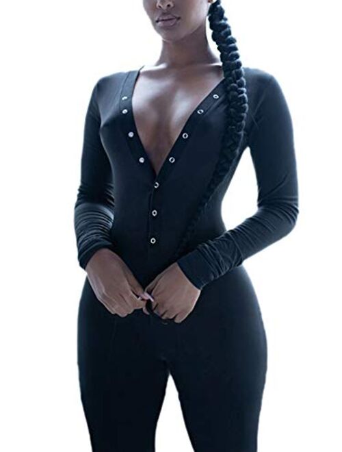 Comulish Women Sexy Butt Button Back Flap Jumpsuit Pajamas V Neck Long Sleeve One Piece Bodycon Rompers Onesies