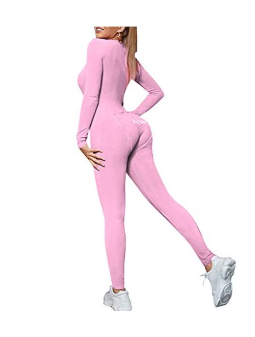 Comulish Women Sexy Butt Button Back Flap Jumpsuit Pajamas V Neck Long Sleeve One Piece Bodycon Rompers Onesies