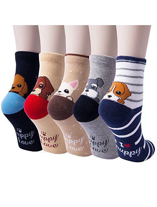 5 Pairs Womens Cute Animal Socks Dog Cat Fun Cotton Casual Crew Funny Socks