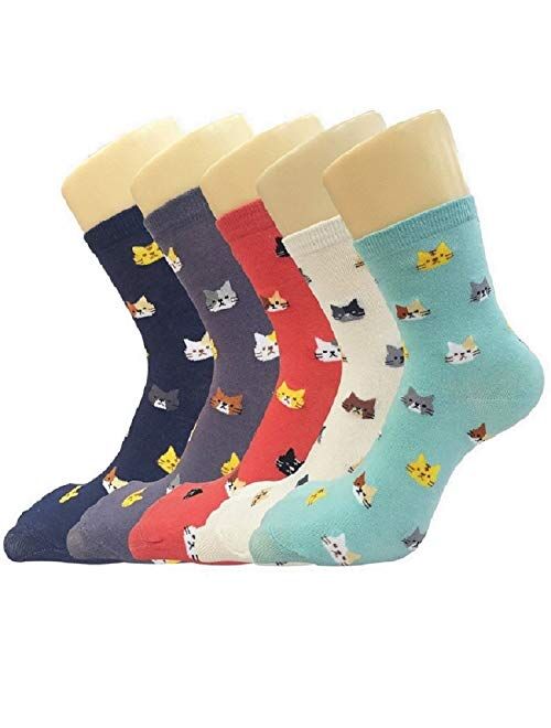 5 Pairs Womens Cute Animal Socks Dog Cat Fun Cotton Casual Crew Funny Socks