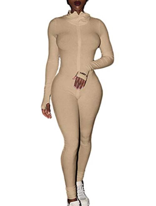 Glamaker Women's One Piece Zip Up Bodycon Jumpsuit Sexy Long Sleeve Turtleneck Onesies Rompers Playsuit Clubwear