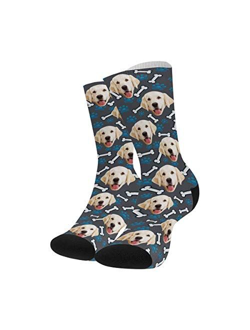 Custom Your Photo Face On Socks, Personalized Funny Crew Sock Gifts Dog Paw and Bone Pup Lover