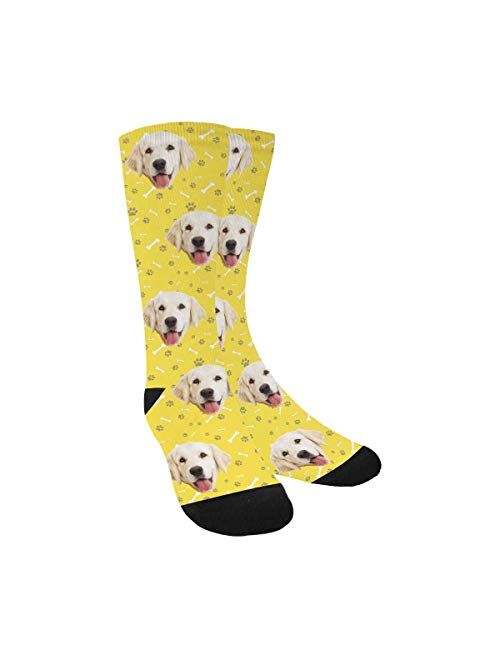 Custom Personalized Photo Pet Face Socks, Cat and Dog Tracks Paws Bones Crew Socks with Picture for Men Women