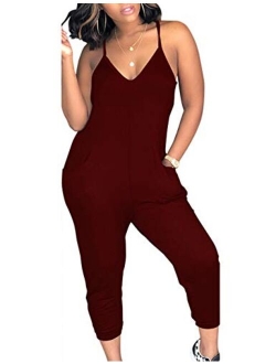 ECDAHICC Women's Cute Spaghetti Strap Solid Capri Jumpsuits One Piece V Neck Jumpsuit Rompers with Pocket Club