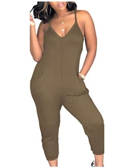 ECDAHICC Women's Cute Spaghetti Strap Solid Capri Jumpsuits One Piece V Neck Jumpsuit Rompers with Pocket Club