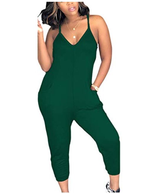 ECDAHICC Women's Cute Spaghetti Strap Solid Capri Jumpsuits One Piece V Neck Jumpsuit Rompers with Pocket Club