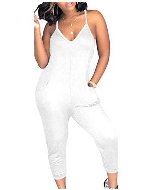 ECDAHICC Women's Cute Spaghetti Strap Solid Capri Jumpsuits One Piece V Neck Jumpsuit Rompers with Pocket Club