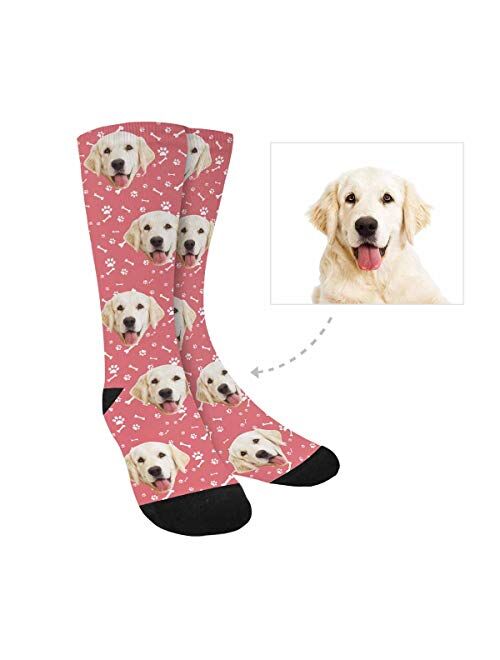 Custom Socks with Faces Dog Paws and Bones Personalized Printed Photo Crew Socks Watermelon Red