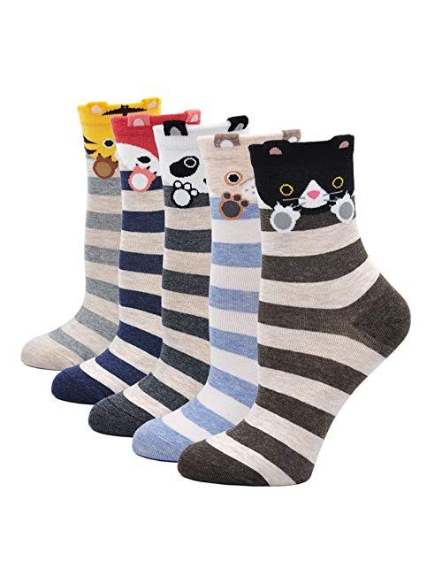 Womens Cat Dog Socks Cute Animal Cotton Ankle Sock Funny Colorful Novelty Sox Women Gift 5/10 Pairs