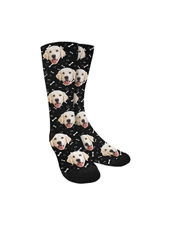 Custom Face Socks for Men and Women, Paws and Dog Bones Pink Animal Face Socks with Your Text