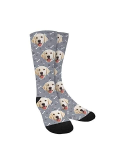 Custom Face Socks for Men and Women, Paws and Dog Bones Pink Animal Face Socks with Your Text