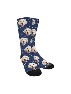 Custom Face Socks for Men and Women, Paws and Dog Bones Pink Animal Face Socks with Your Text