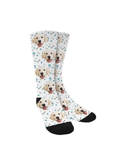 Custom Face Socks for Men and Women, Paws and Dog Bones Pink Animal Face Socks with Your Text