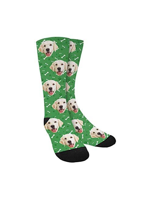 Custom Face Socks for Men and Women, Paws and Dog Bones Pink Animal Face Socks with Your Text