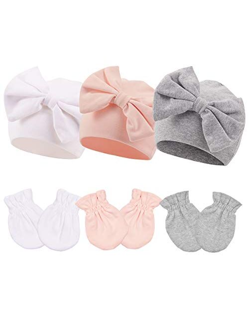 Newborn Beanie Hat Gloves Set, Baby Girl Beanie Spring Summer Autumn Winter Hats for 0-6 Months Infant Cotton