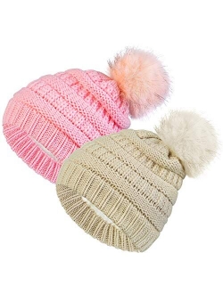 2 Pack Toddler Kids Winter Warm Fleece Lined Beanie Hats for Boys and Girls Crochet Hairball Knit Cap (1-6 Years)