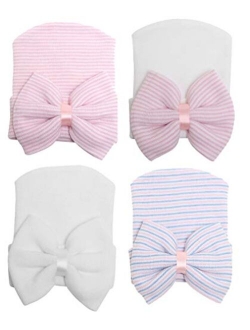 Gellwhu Pink White Blue Newborn Girl Nursery Beanie Hospital Hat with Large Bow