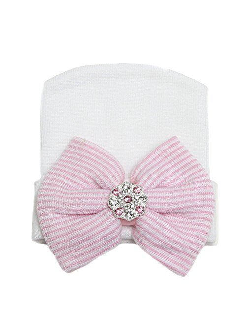 Gellwhu Pink White Blue Newborn Girl Nursery Beanie Hospital Hat with Large Bow