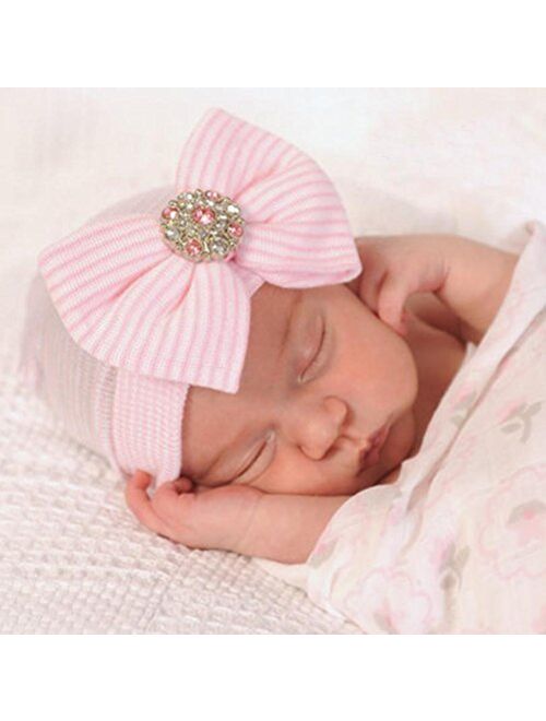 Gellwhu Pink White Blue Newborn Girl Nursery Beanie Hospital Hat with Large Bow