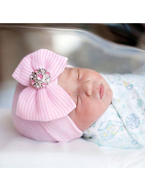 Gellwhu Pink White Blue Newborn Girl Nursery Beanie Hospital Hat with Large Bow