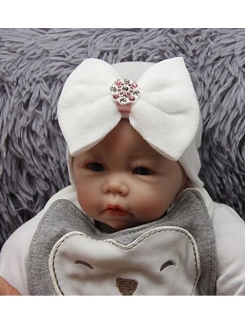 Gellwhu Pink White Blue Newborn Girl Nursery Beanie Hospital Hat with Large Bow