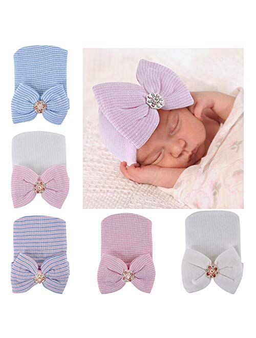 Gellwhu 5-Pack Newborn Baby Girl Bow Hats caps Beanies Hospital Infant hat Clothes Outfits