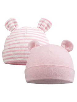 Original Cotton Newborn Beanies Striped Cute Baby Hat for Boys Girls Bear Ears Infant Beanie 2-Pack