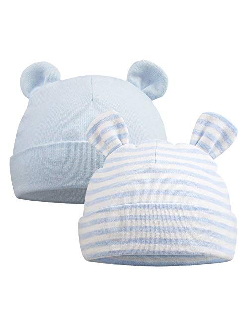 Original Cotton Newborn Beanies Striped Cute Baby Hat for Boys Girls Bear Ears Infant Beanie 2-Pack