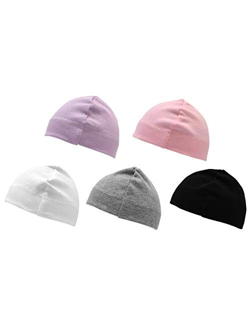 Betty Dain Jersey Knit 5 Piece Infant/Baby Cap, Set of 5 Soft Baby Beanies, Assorted Colors, 100% Cotton Stretch, Girls, Machine Washable, Grey/White/Black/Violet/Pink