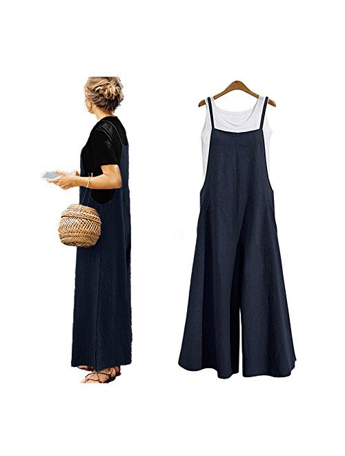 wvalaxywq Wide Leg Women‘s Jumpsuits Long Casual Overalls Plus Size Loose Rompers Pants