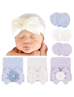 DRESHOW BQUBO 3/4 Pack Newborn Hospital Hat Infant Baby Hat Cap with Big Bow Soft Cute Knot Nursery Beanie