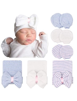 DRESHOW BQUBO 3/4 Pack Newborn Hospital Hat Infant Baby Hat Cap with Big Bow Soft Cute Knot Nursery Beanie