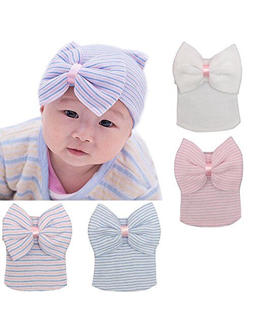 DRESHOW BQUBO 3/4 Pack Newborn Hospital Hat Infant Baby Hat Cap with Big Bow Soft Cute Knot Nursery Beanie